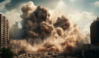 big explosion with big dirt smoke on the city war generative ai photo
