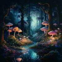 fairy tale forest mushroom and road light generative ai photo