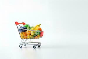 shopping trolley full of fruit and vegetables copy space white background ai generative photo