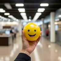 male office worker hand holding a smiling emoji ball in the office generative ai photo