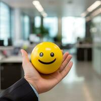 male office worker hand holding a smiling emoji ball in the office generative ai photo