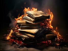 burned pile of books stack on fire knowledge lost concept generative ai photo