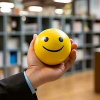 male office worker hand holding a smiling emoji ball in the office generative ai photo