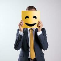 office worker covering face with happy smiling emoji on white background, generative ai photo