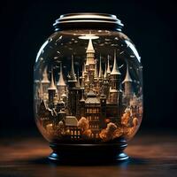 beautiful buildings in glass jars, ai generative photo