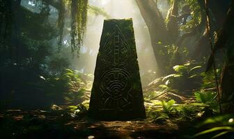 ancient inscriptions in old and mossy green rainforest generative ai photo