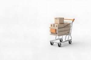 shopping trolley full of electronic boxes on white background copy space ai generative photo