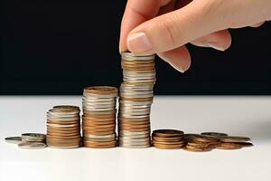 hand stacking coins on white background ai generative photo