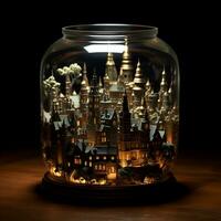 beautiful buildings in glass jars, ai generative photo