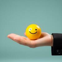 worker's hand holding a yellow smiling emoji ball, ai generative photo