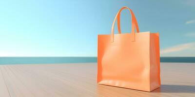 orange shopping bag with blue sea beach and clear sky background ai generative photo