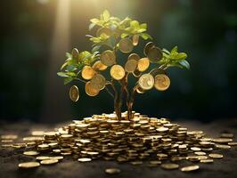 small fruit tree gold coin ai generative saving and investment concept photo