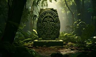 ancient inscriptions in old and mossy green rainforest generative ai photo