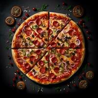 pizza that looks delicious view from above, generative ai photo