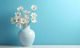 blanco flores en un hermosa florero minimalista Copiar espacio con pastel azul fondo, ai generativo foto