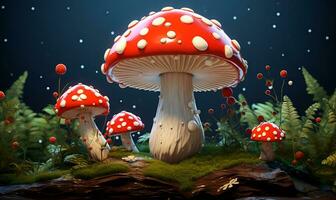 Amanita mushrooms focus on forest natural background, ai generative photo