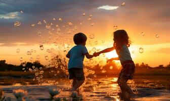 small children playing in the afternoon with a sunset background, generative ai photo