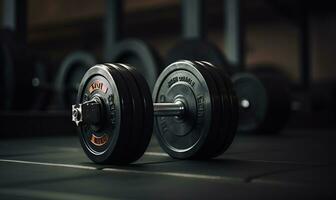 Focus on dumbbells lying on the floor in the gym, AI generative photo