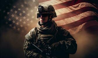 american soldier in full uniform with american flag background, generative ai photo