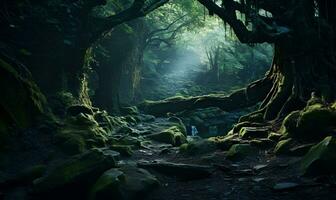 mysterious ancient rainforest with dramatic light dense forest ai generative photo