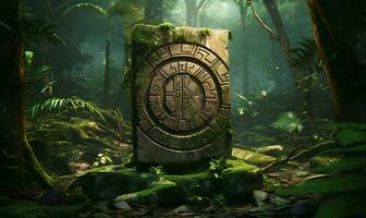 ancient inscriptions in old and mossy green rainforest generative ai photo
