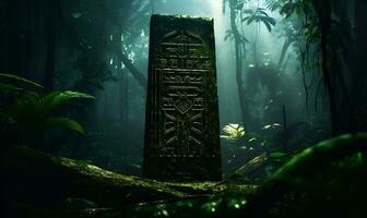 ancient inscriptions in old and mossy green rainforest generative ai photo