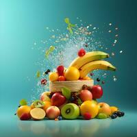 pile of fruit with dramatic water splash, generative ai photo