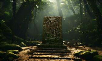 ancient inscriptions in old and mossy green rainforest generative ai photo