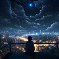 Japanese cartoon character looking at the city at night, ai generative photo