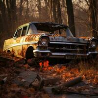 antiguo roto coche abandonado en el bosque, ai generativo foto