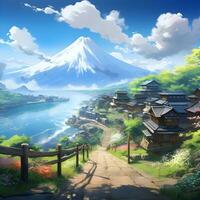 japonés pueblo natural paisaje en animación, generativo ai foto