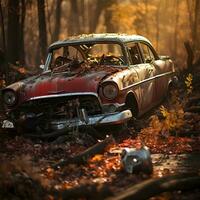 antiguo roto coche abandonado en el bosque, ai generativo foto