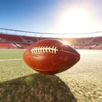 rugby ball lying in the middle of the stadium, ai generative photo