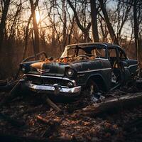 antiguo roto coche abandonado en el bosque, ai generativo foto