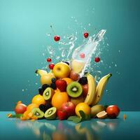 pile of fruit with dramatic water splash, generative ai photo