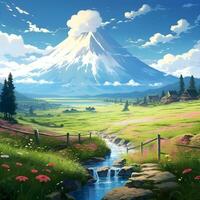 japonés pueblo natural paisaje en animación, generativo ai foto