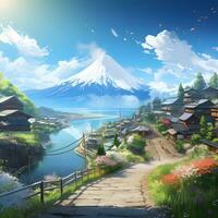 japonés pueblo natural paisaje en animación, generativo ai foto