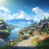 Japanese village natural scenery in animation, generative ai photo