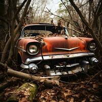 antiguo roto coche abandonado en el bosque, ai generativo foto