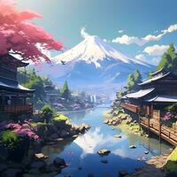 japonés pueblo natural paisaje en animación, generativo ai foto