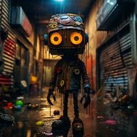 humanoid robot in a seedy cyberpunk city alley, generative ai photo