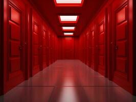 hallway with many red doors, ai generative photo