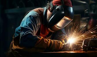 welder wearing helmet welding with sparks, ai generative photo