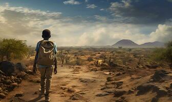 African child going to school wearing a bag walking on a barren land, generative ai photo