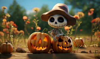 cute skull and happy jack o lantern haloween background, ai generative photo