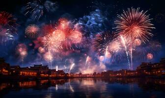 japonés noche fuegos artificiales festival con típico japonés edificios, ai generativo foto