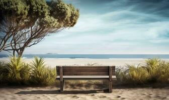 junto a la playa de madera banco con vista a el mar, claro cielo, generativo ai foto