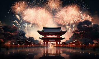 japonés noche fuegos artificiales festival con típico japonés edificios, ai generativo foto