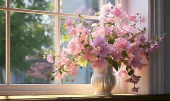 flores en un hermosa florero en el ventana, ai generativo foto