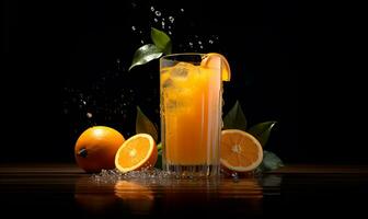orange juice and citrus fruits on table with dramatic water splashes, ai generative photo